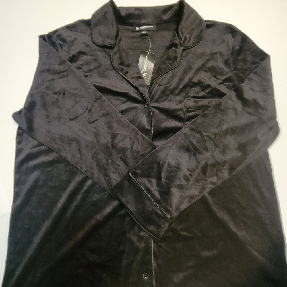 INC International Concepts Women's Velour Notch Collar Pajama Top Black 2XL